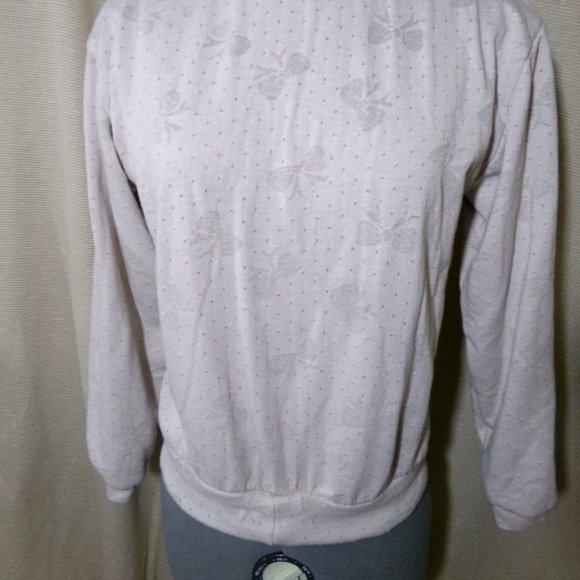 Bows print Layered Sweatshirt Top XS Beige Turtleneck Loose fit Lined top LS - Picture 4 of 11